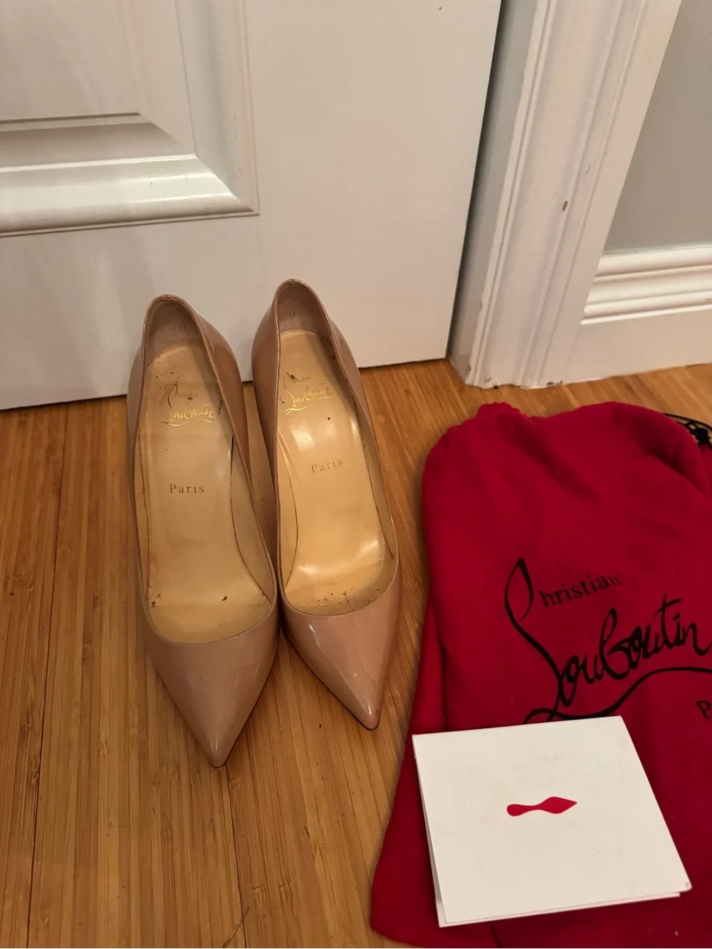 Christian Louboutin Blush Patent Pointed-Toe Stiletto with Red Sole